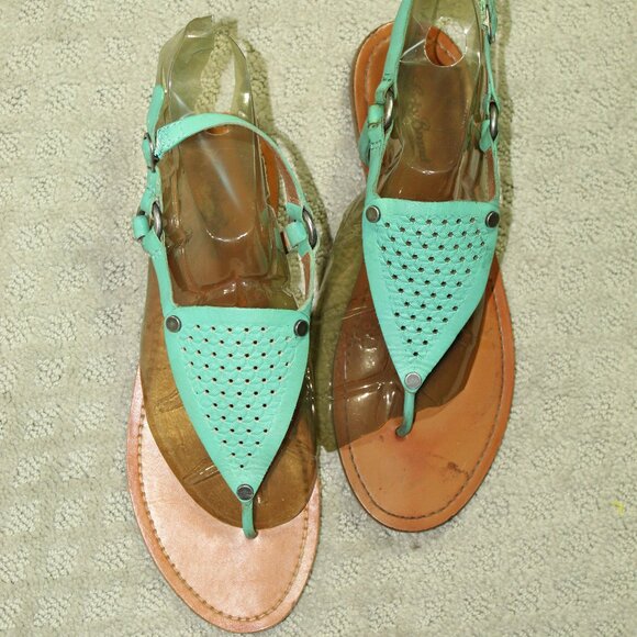 Lucky Brand Abel Size 7.5 Teal Leather T-Strap Flat Slingback Sandals - Picture 2 of 6
